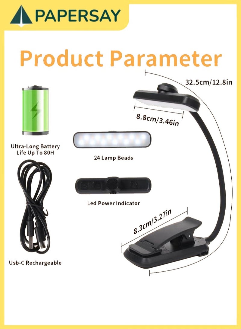 PAPERSAY Rechargeable Book Light for Reading in Bed with 24 LED &Memory Function-Eye Caring 3 Color Temperatures, 5 Brightness Levels, 80 Hrs Runtime Flexible Goose Neck Clip on Light for Book Lovers - Image 2